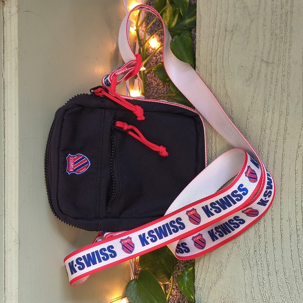 Women's K-Swiss Black Cross Body Messanger Camera Logo Ribbon Strap Purse Bag